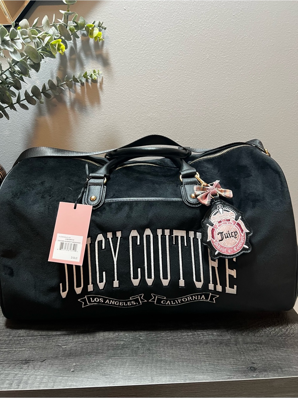 Juicy Couture Black Velvet Travel Bag with Pink Logo Charm